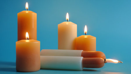 Burning candles on blue background. Shallow depth of field.の素材