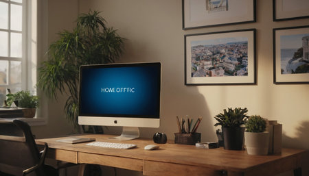 Workplace with computer on table in office. Workplace at home conceptの素材