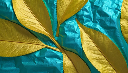 golden leaves on a blue background. 3d rendering, 3d illustration.の素材