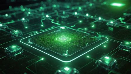 3D rendering of a circuit board with microchips and microchipsの素材