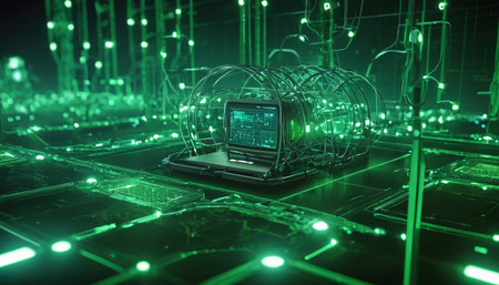3d rendering of a laptop in a futuristic room with green lightsの素材