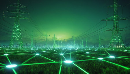 High-voltage power lines and high-voltage pylons at nightの素材