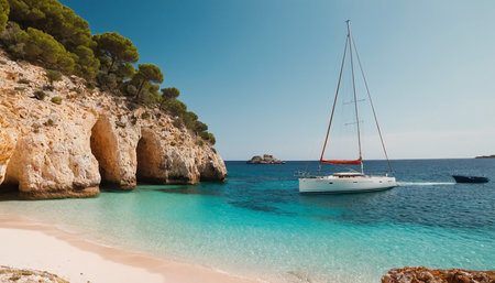 Sailing yacht in Cala Figuera beach, Sardiniaの素材