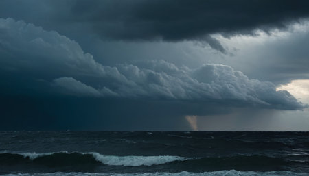 Stormy sky with rain and storm clouds over Baltic sea, Poland.の素材