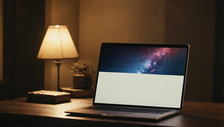 Laptop with blank screen on wooden table in dark room at nightの素材
