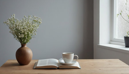 Cup of coffee and book on wooden table in living room.の素材