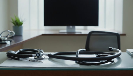 Stethoscope on desk in doctor's office, shallow DOFの素材