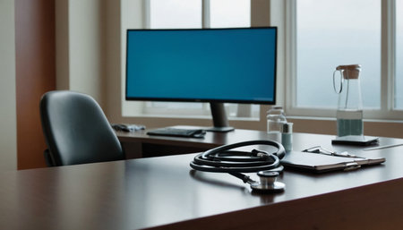 Stethoscope on a desk in an office with a computer monitorの素材