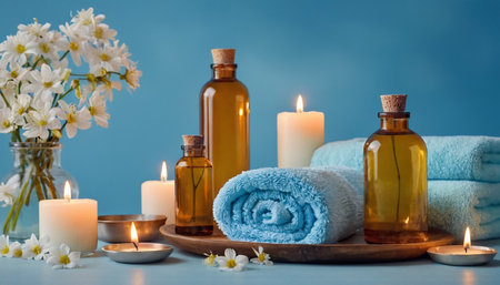 Spa still life with towels, candles and flowers on blue backgroundの素材