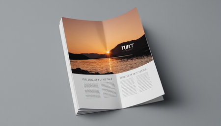 Magazine layout with a photo of the sea and mountains. 3d renderingの素材