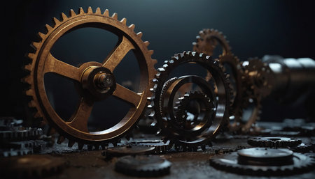 Gears and cogwheels on a dark background. 3d renderingの素材