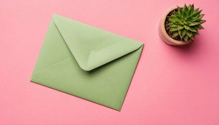 top view of green envelope and cactus in pot on pink backgroundの素材