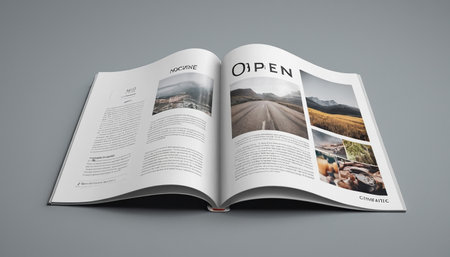 Open magazine with travel images isolated on grey background. 3d renderの素材