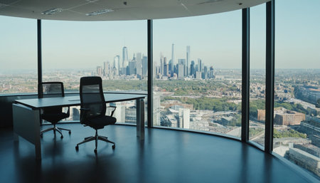 Office interior with panoramic city view. 3D Renderingの素材