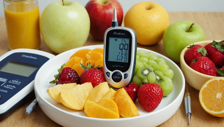 Glucose meter with fresh fruit and vegetables for measuring sugar levelの素材
