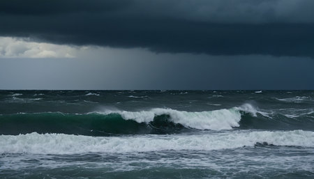 Stormy sky over the Baltic sea. Stormy weather, waves and storm clouds.の素材