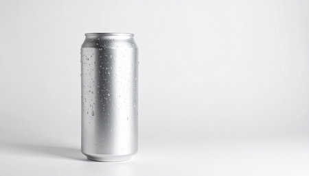 Aluminum can with water drops on white background. Copy space.の素材