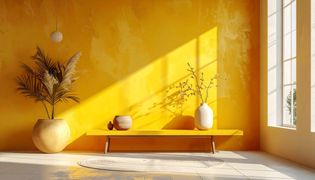 Yellow living room with yellow wall and wooden bench - 3d renderingの素材