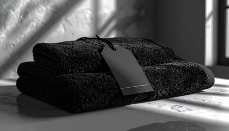 Black and white photo of a towel with a price tag on itの素材