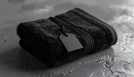 Black towel with a label on a gray background. Close-up.の素材