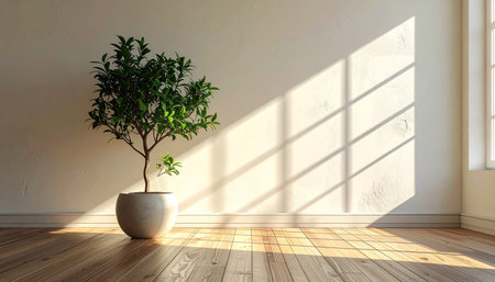 interior with large window, 3d render and vase plantの素材