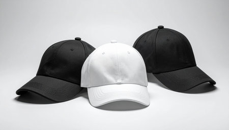 Black and white baseball caps on a white background. Side view.の素材