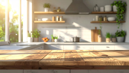 Empty wooden table in modern kitchen interior. Ready for product display montageの素材