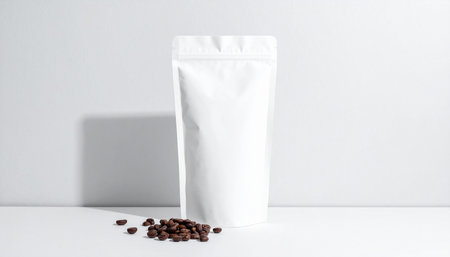 coffee beans in a white paper bag on a white background.の素材