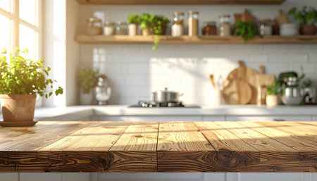 Empty wooden table in modern kitchen interior. Mock up, 3D Renderingの素材