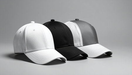 Black and white baseball cap on a gray background. Side view.の素材