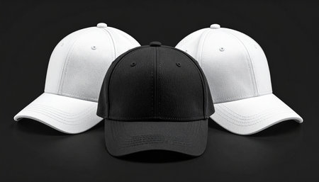Black and white baseball caps on a black background. 3d renderingの素材