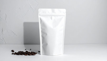 coffee bag on the table with coffee beans on the white backgroundの素材