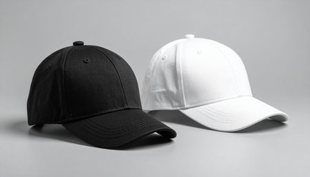 Black and white baseball caps on a grey background. Side view.の素材