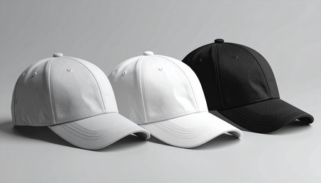 White and black baseball caps on a gray background. 3d renderingの素材