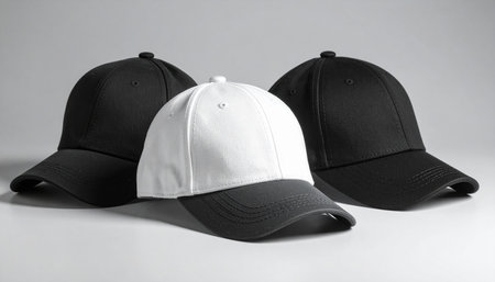 Black and white baseball caps on a gray background, studio shot.の素材