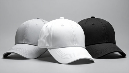 White and black baseball caps on a gray background. Side view.の素材