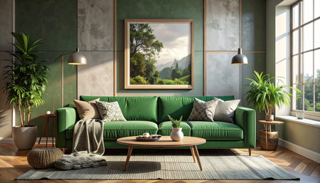interior with green sofa, 3d render illustration, scandinavian styleの素材