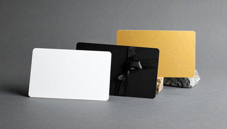 Blank business cards on grey background. Mockup for branding identity.の素材