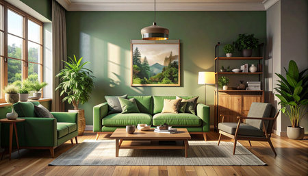 interior with green sofa. 3d render illustration mock-upの素材