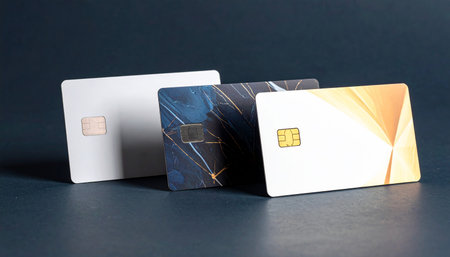 Credit cards on a dark background, close-up, copy spaceの素材