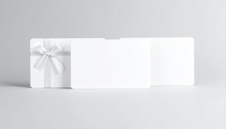 Blank white gift box with ribbon and bow on white background.の素材