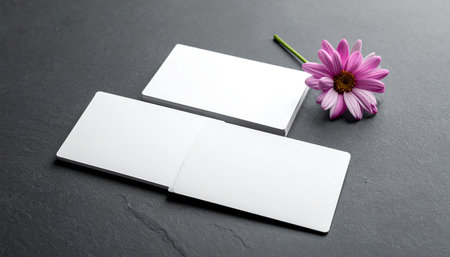 Blank business card with flower on black background. Mockup for branding identity.の素材