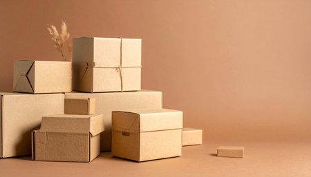 Cardboard boxes on brown background with copy space. Cardboard boxes on brown backgroundの素材