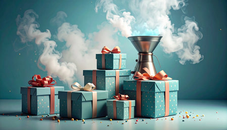 Gift boxes with a funnel, 3d rendering. Computer digital drawing.の素材