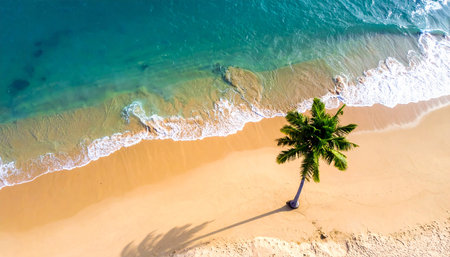 Aerial view of beautiful tropical beach and sea with coconut palm tree - Holiday Vacation conceptの素材