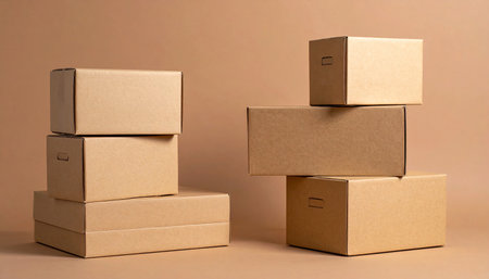 Cardboard boxes on a brown background. Copy space for text.の素材