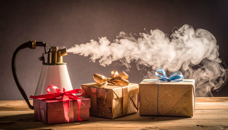 Gift box with a spray bottle on a wooden table and a dark backgroundの素材