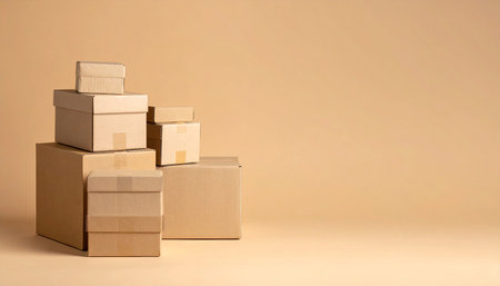 stack of cardboard boxes on a beige background with copy space.の素材