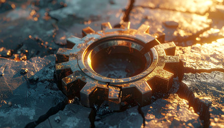 Gear wheel on cracked ground background. 3d render illustration with selective focusの素材