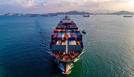 Aerial view of Container Cargo ship with working crane bridge for Logistic Import Export backgroundの素材
